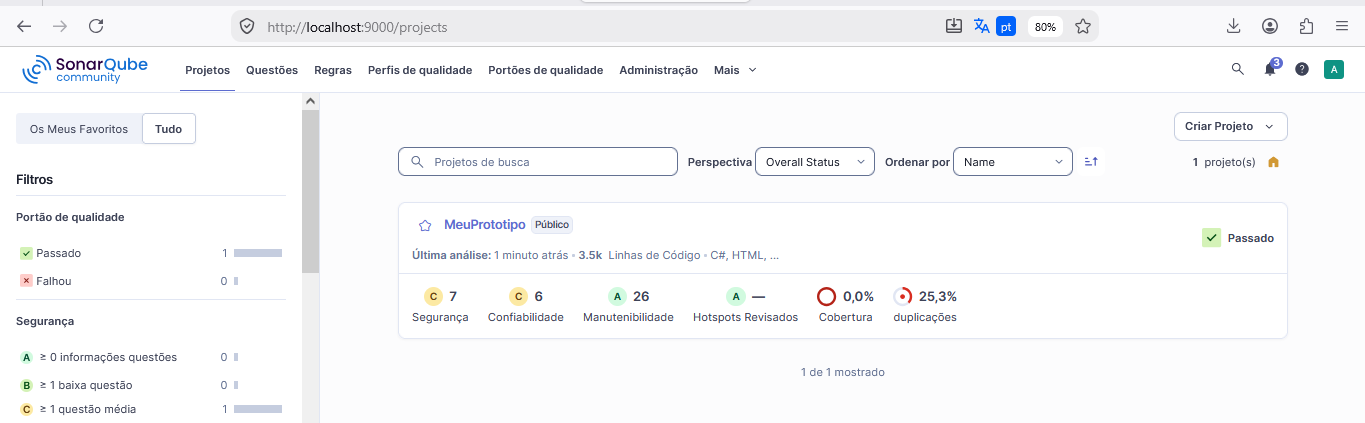 Tela do SonarQube